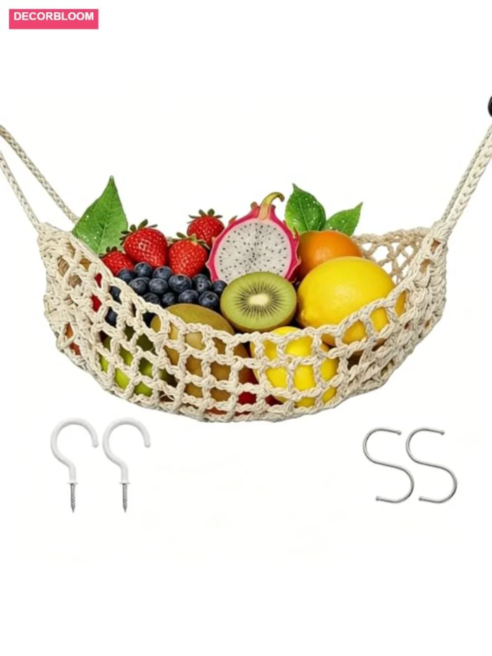Premium Cotton Hanging Storage Net with Thickened Ropes for Fruit Veggie Kitchen